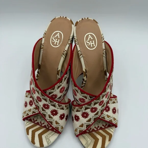 ASH Red Aztec Embroidered Padded Adel Round Toe Block Heel Slip On Heeled Sandal - Picture 2 of 16